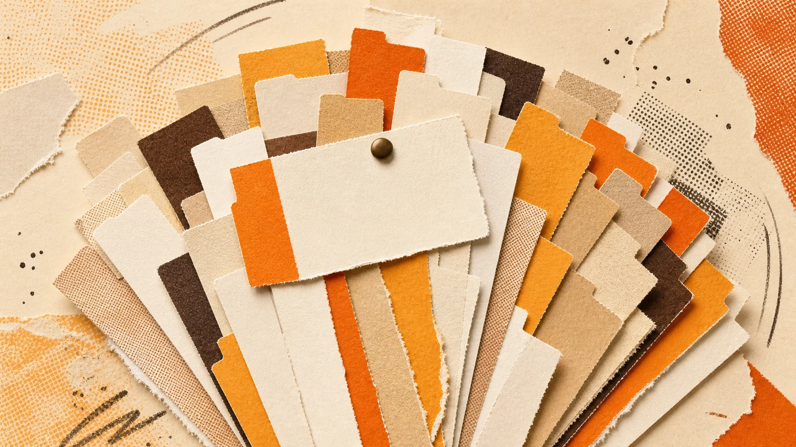 Dozens of overlapping paper tabs fanned too wide to read, one lifted clear and pinned flat