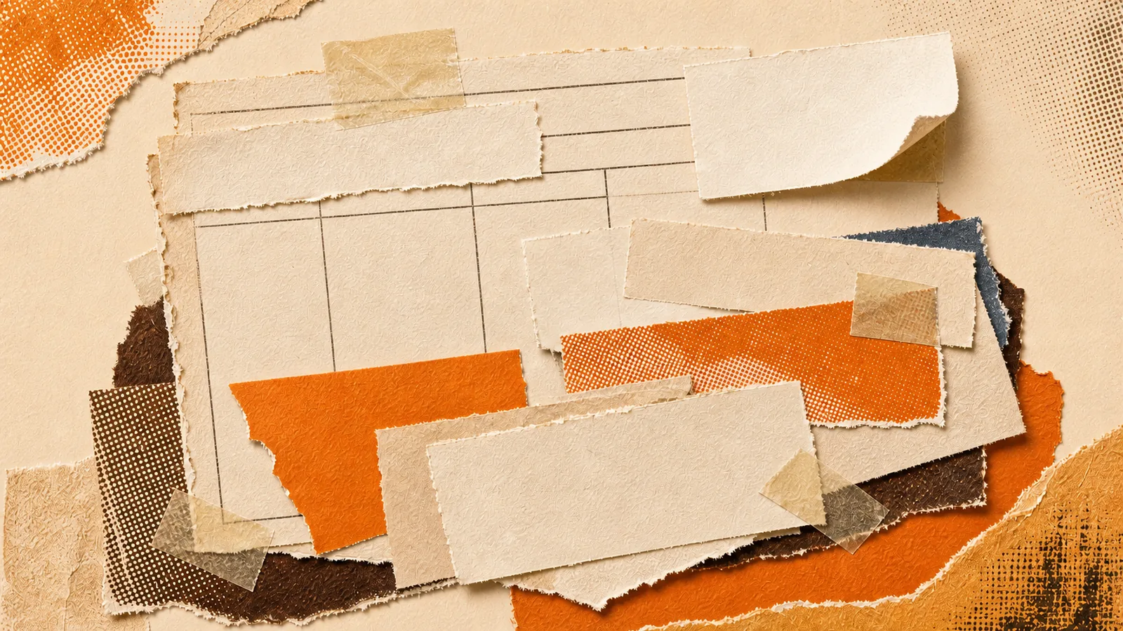 A dated paper sheet ruled into sections, with unsorted slips heaped over the headings and one lifted clear