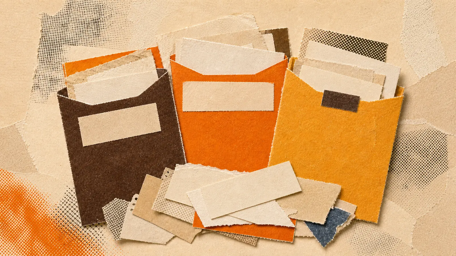 Three neatly labelled paper sleeves standing upright, with a loose pile of unsorted slips resting before them
