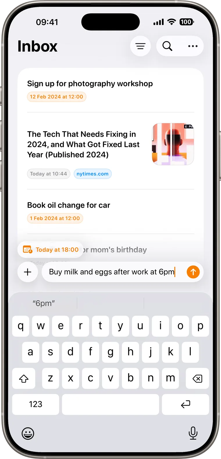 The Capture inbox on iPhone with a new note being typed into the always-open field