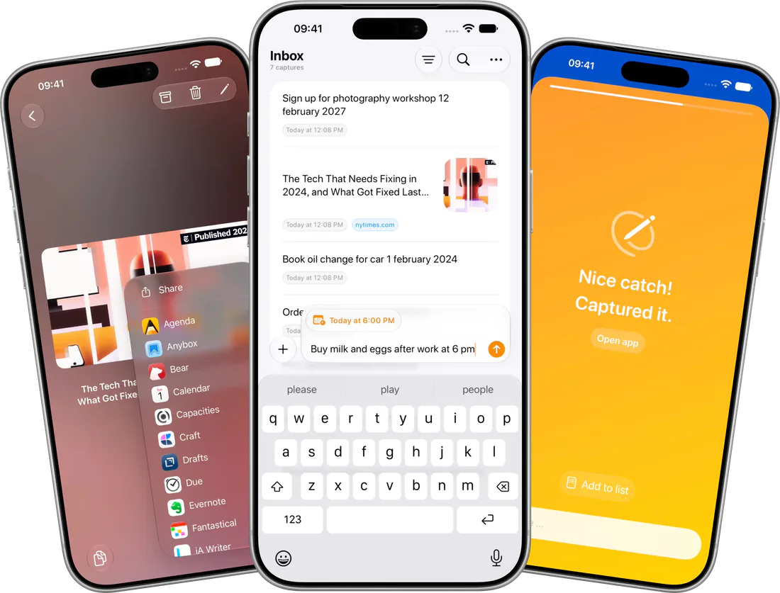 Three iPhone screens show the Capture export menu, the inbox with text in the always-open field, and confirmation that a note was saved.